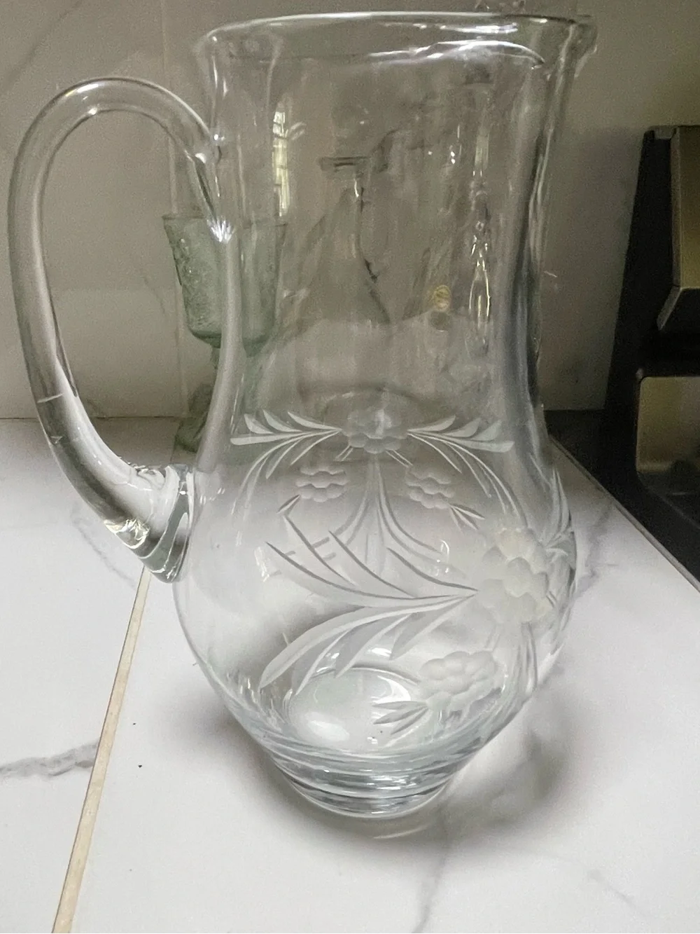 Clear Etched Glass Pitcher - Elegant Floral Design